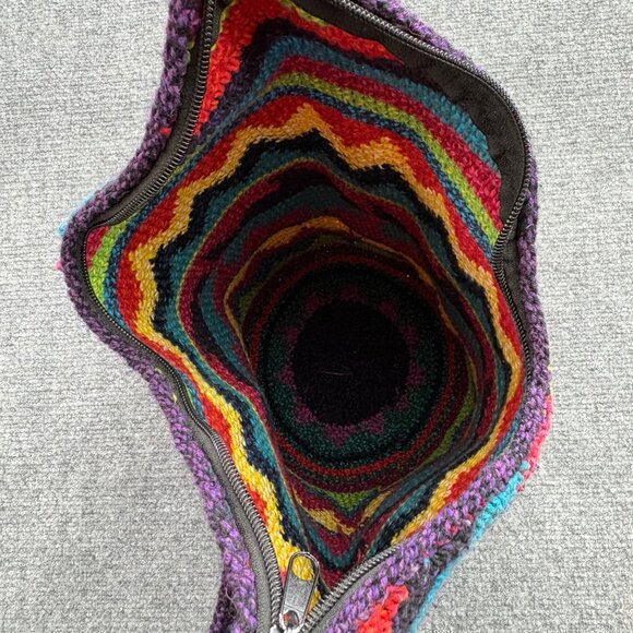 Crochet Shoulder Bag Zigzag Fish Patterned Colorful Long Strap Boho Hippie - Picture 15 of 16